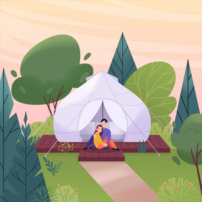 Glamping flat concept with young couple sitting near bubble tent vector illustration