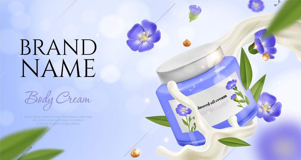 Realistic flax poster with body cream can and flowers vector illustration