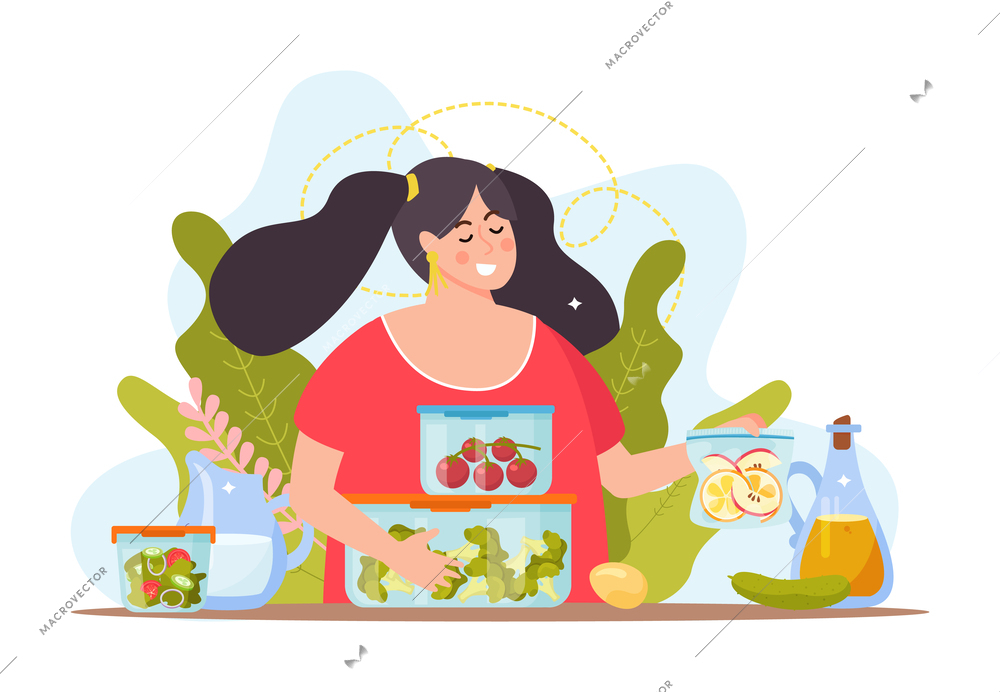 Food containers and zero waste storage composition with female character holding packed tomatoes salad and broccoli vector illustration
