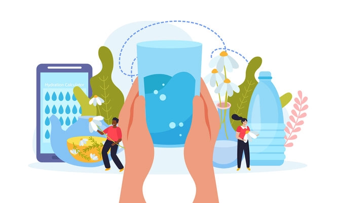 Water balance flat composition with hands holding glass of water smartphone app and jars with flowers vector illustration