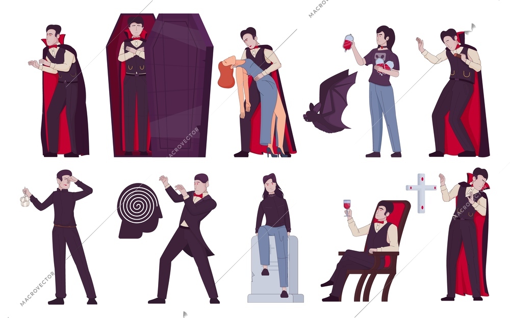 Vampire bat flat set of isolated icons with characters of undead men drinking blood hunting prey vector illustration