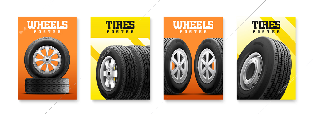 Realistic set of four colored posters representing car wheels and tires isolated vector illustration