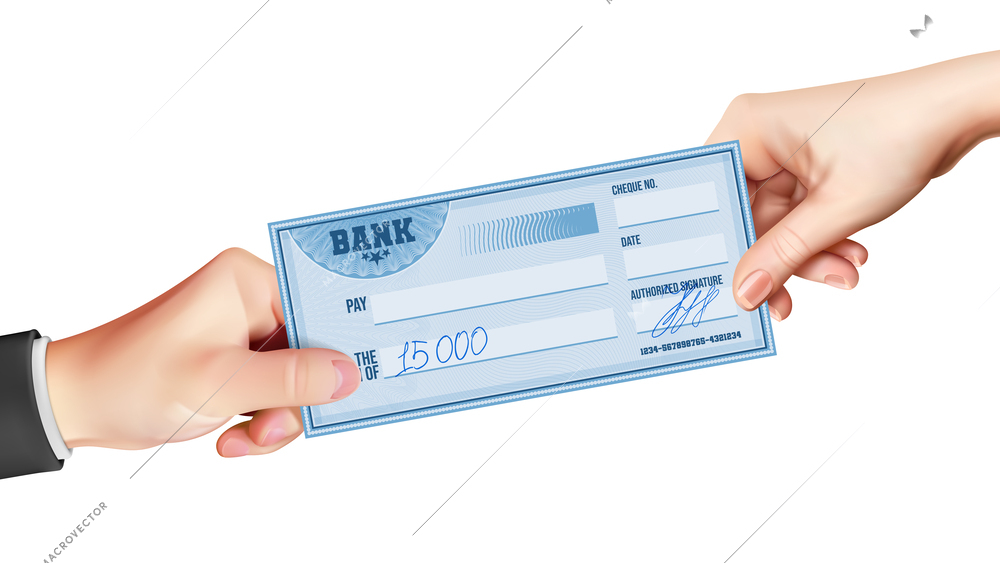 Businessman hand giving signed bank check to other female person business composition realistic vector illustration