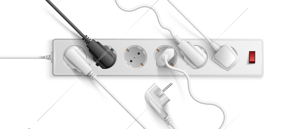 White electric extension cord of euro standard with turn on and off switch and inserted plugs realistic vector illustration