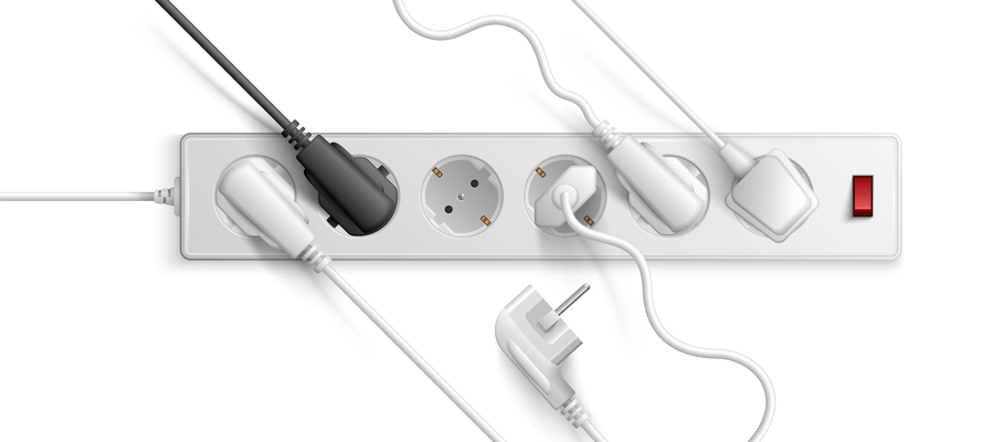 White electric extension cord of euro standard with turn on and off switch and inserted plugs realistic vector illustration