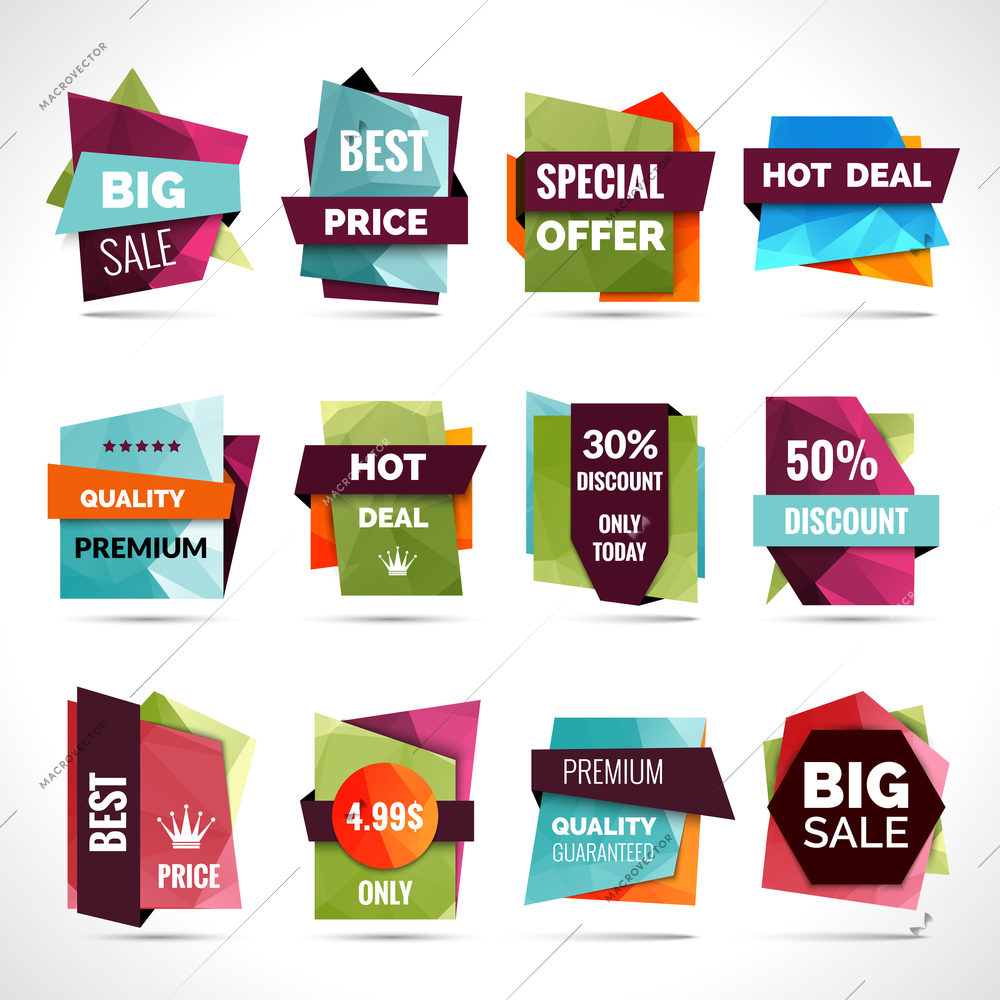 Origami sale hot price paper labels set isolated vector illustration