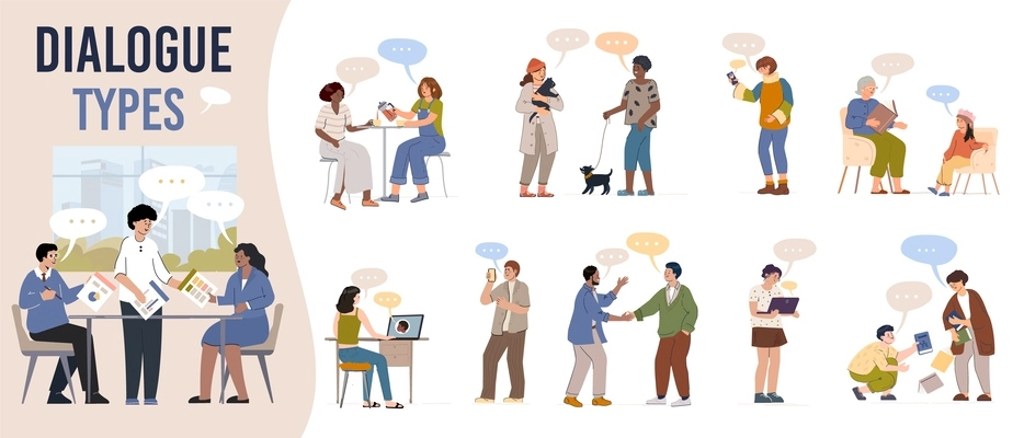 Dialogue people set of isolated compositions with flat icons human characters and thought bubbles for text vector illustration