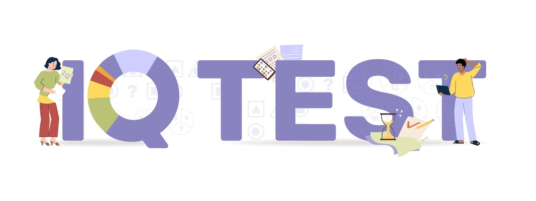 Iq test composition of flat text and colored radial chart surrounded by doodle style human characters vector illustration
