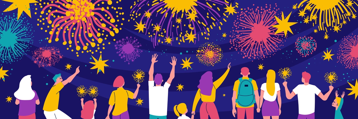 Firework flat concept with happy people watching salute in the sky vector illustration