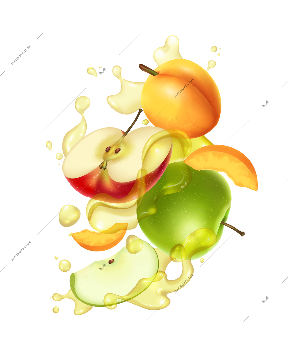 Realistic apple juice splashes with cut and whole fruits vector illusration