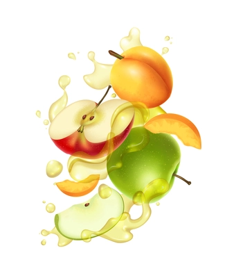 Realistic apple juice splashes with cut and whole fruits vector illusration