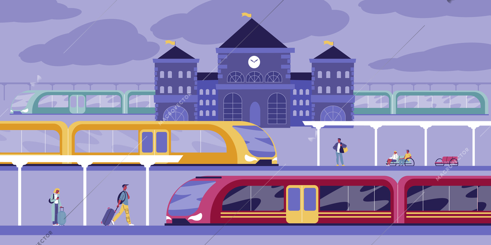 Railway station flat concept with railroad building and trains on platform vector illustration