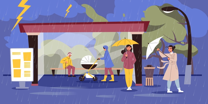 Rain storm flat concept with people hiding at bus stop vector illustration