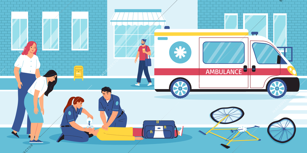 First aid flat composition with ambulance car and paramedic doctors vector illustration