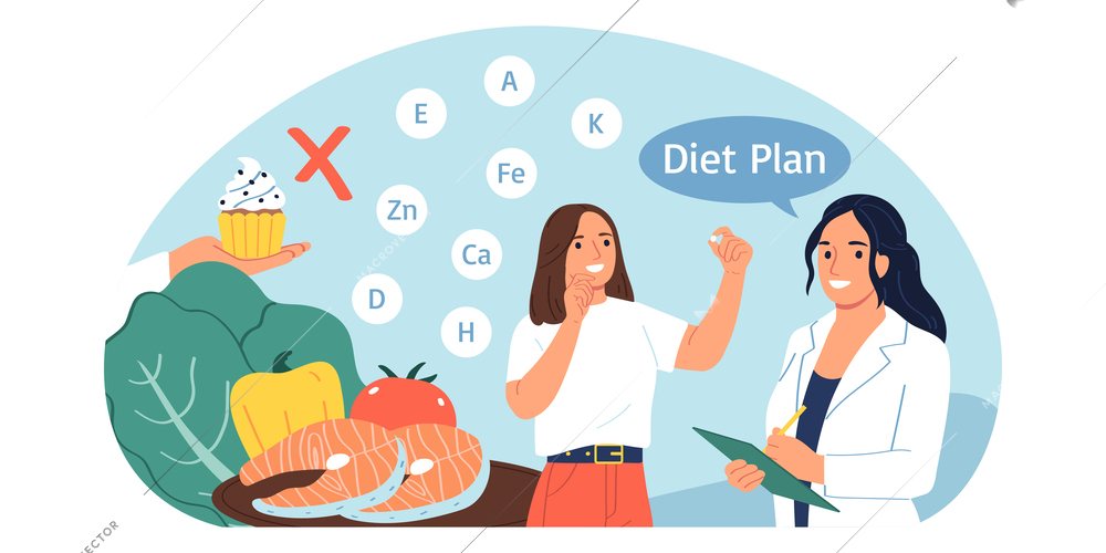 Nutritionist concept with diet plan symbols flat vector illsutration