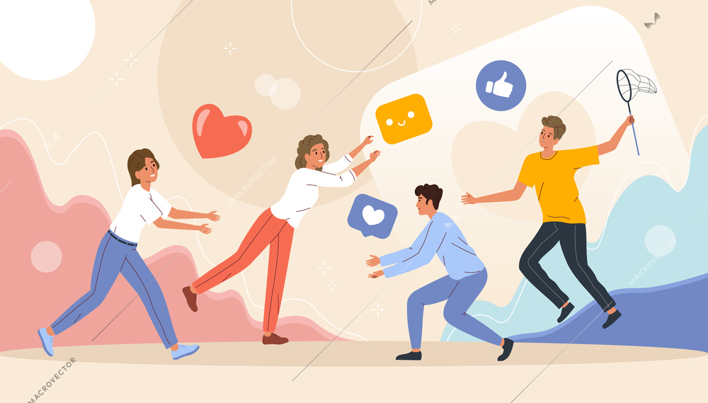 Catching people flat colored composition four people chasing likes from social media vector illustration