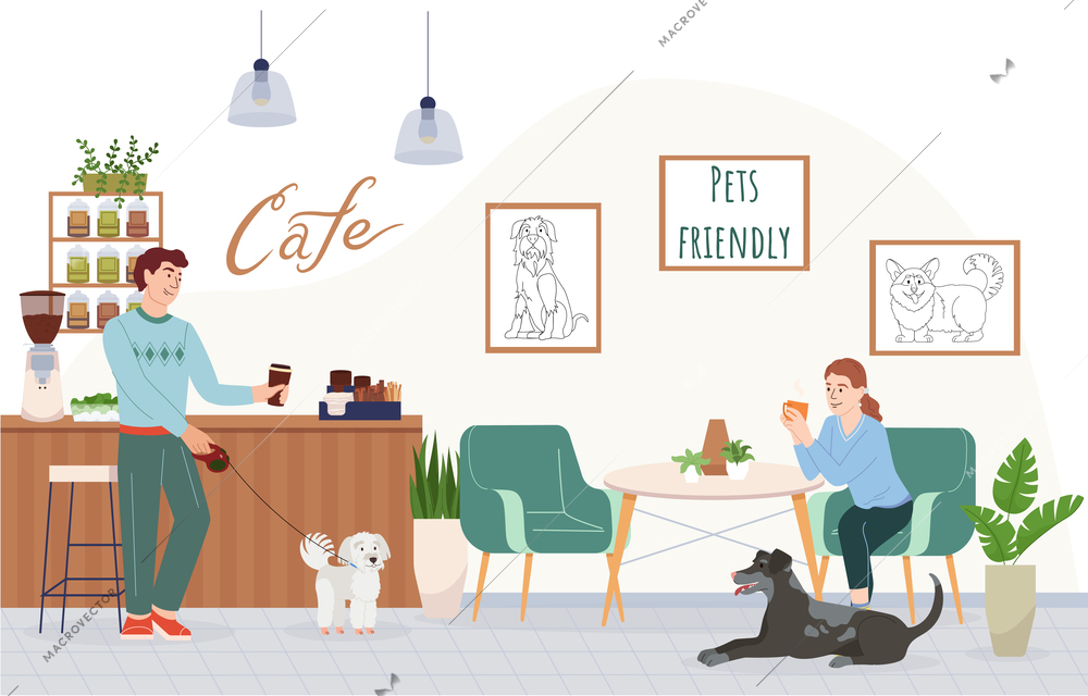 Pet friendly interior concept with cafe symbols flat vector illustration
