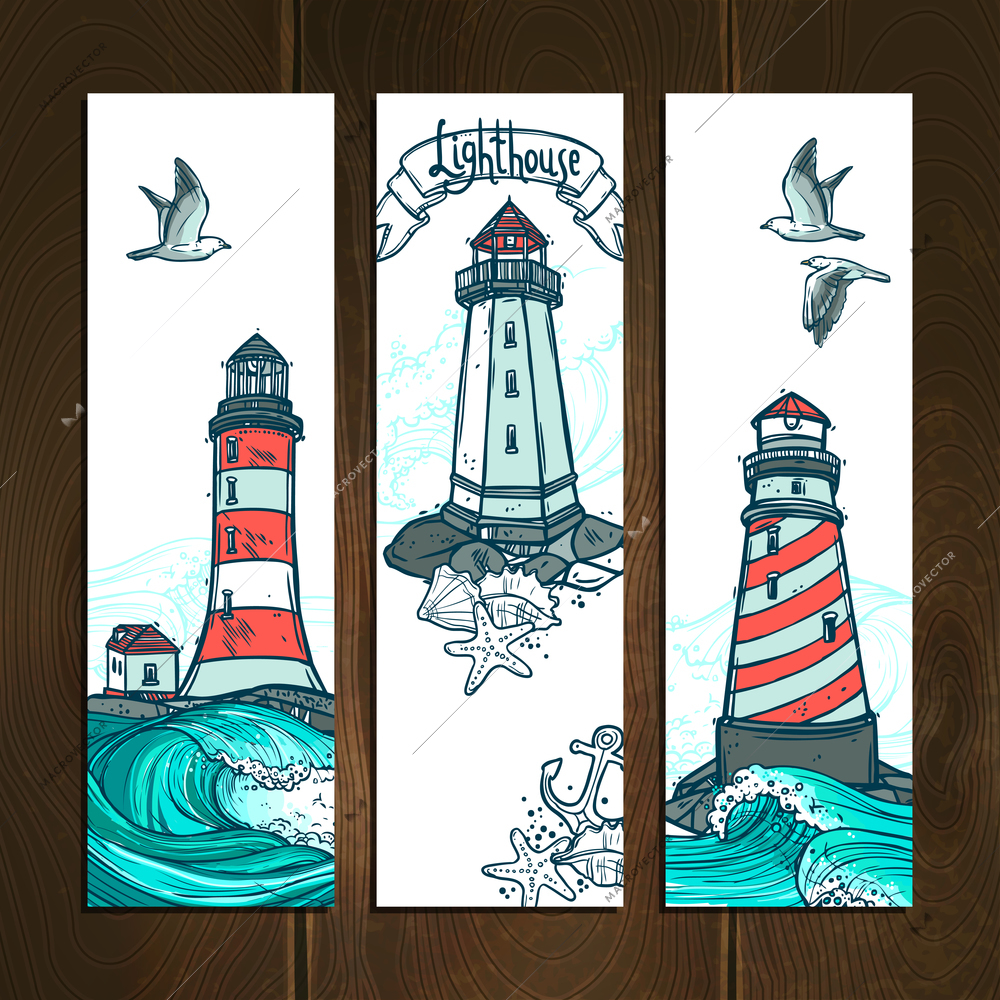 Hand drawn coast lighthouse banner vertical set isolated on wooden background vector illustration