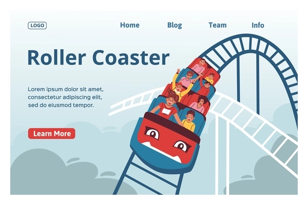 Roller coaster web site landing page with flat images of people in amusement park text links vector illustration