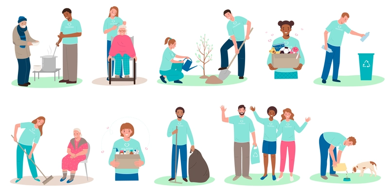 Volunteering flat set with men and women taking care of elderly people nature animals isolated vector illustration