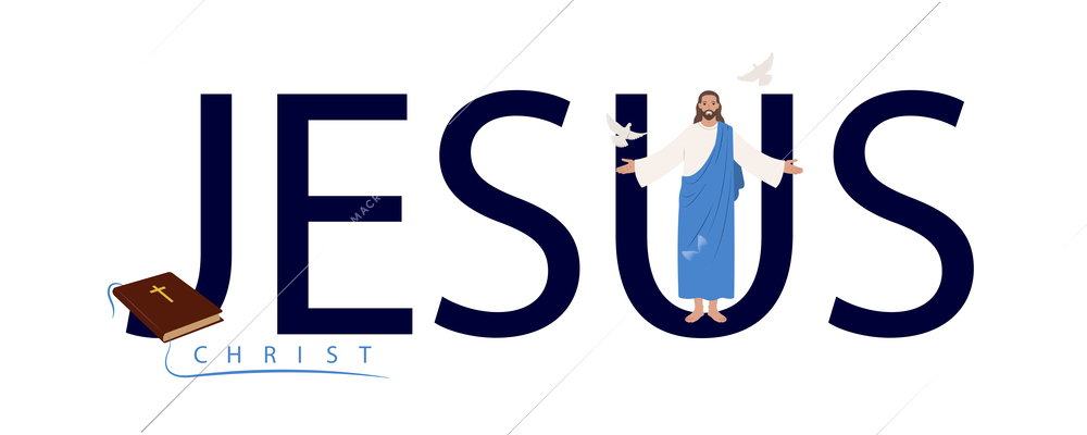 Jesus christ flat text with holy bible and flying white doves vector illustration