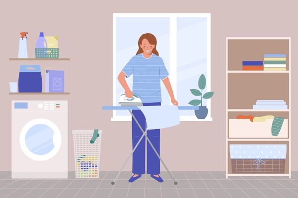 Laundry room interior with washing machine rack with clean towels detergents and ironing woman vector illustration