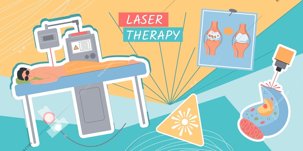 Laser therapy composition with collage of flat icons caution sign scheme and patient on operating table vector illustration