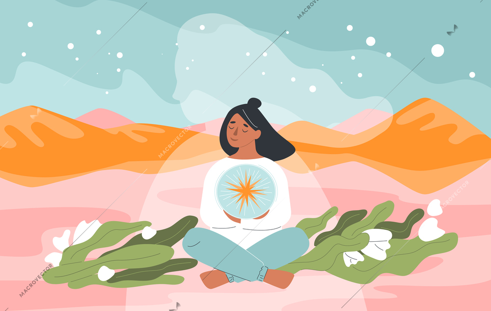 Human inner world conceptual composition with flat planet terrain starry sky and girl with universe inside vector illustration