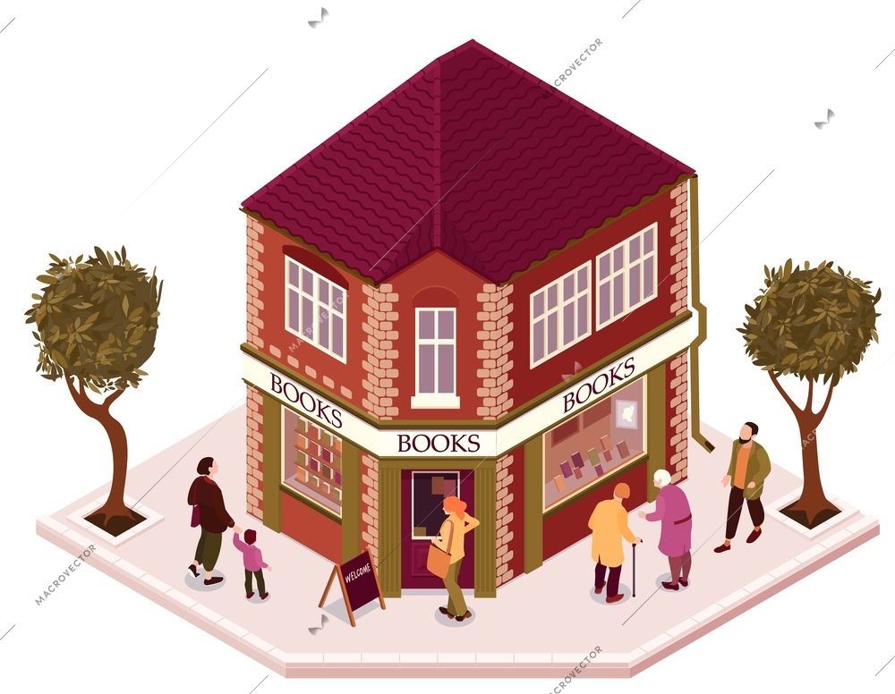 Isometric books shop isolated concept bookstore in the city on a crowded street vector illustration