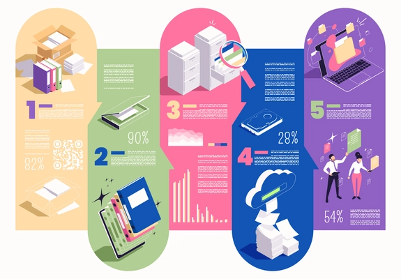 Go paperless isometric color flowchart with digital data and papers on colorful background vector illustration