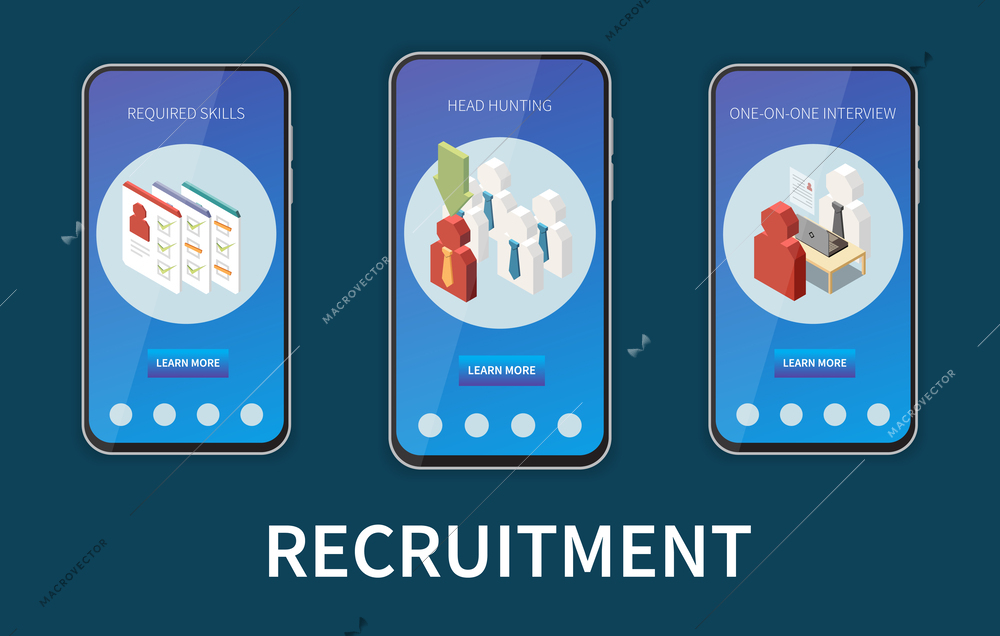 Recruitment headhunting interview with candidate required skills mobile banners set isolated isometric vector illustration