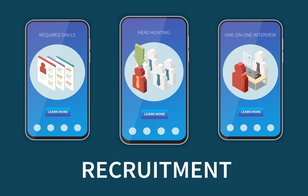 Recruitment headhunting interview with candidate required skills mobile banners set isolated isometric vector illustration