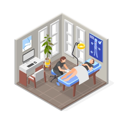 Varicose isometric composition with isolated view of doctors office interior with physician and patient in bed vector illustration