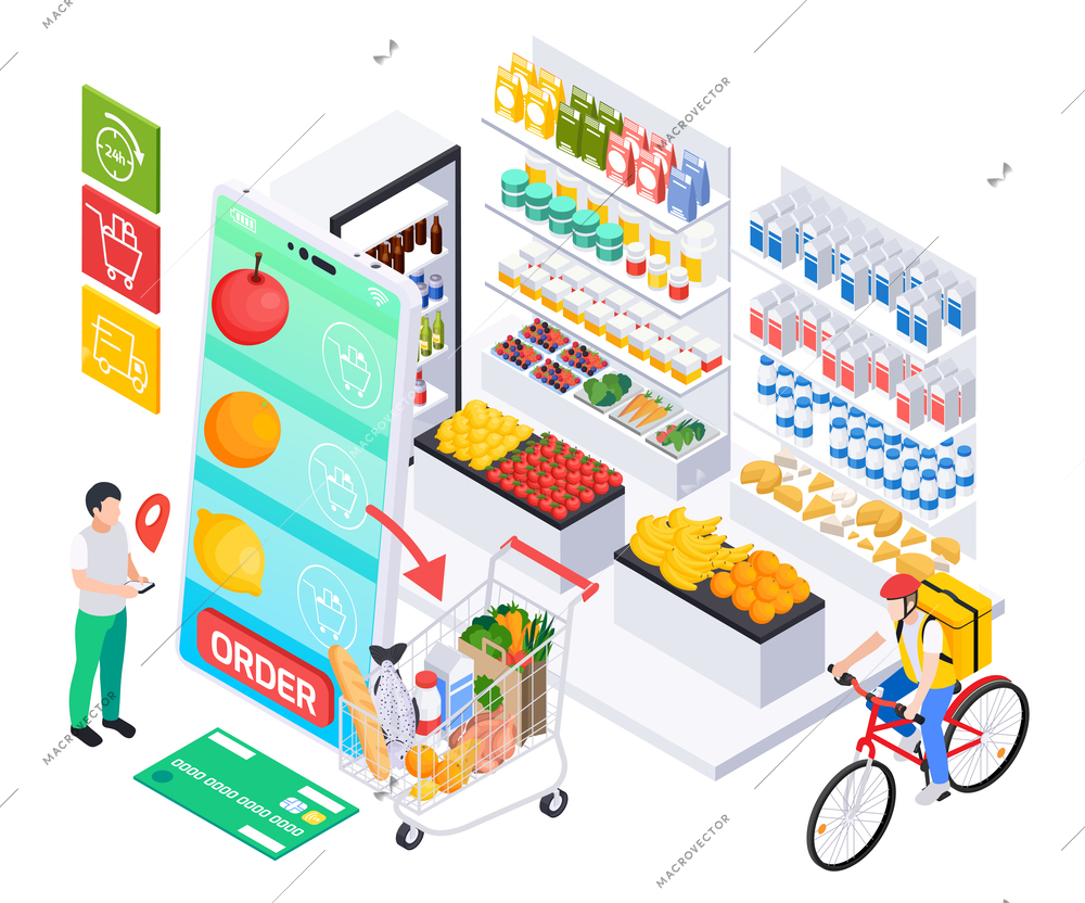 Online takeaway food order delivery service isometric composition with fresh products on supermarket shelves and couriers vector illustration
