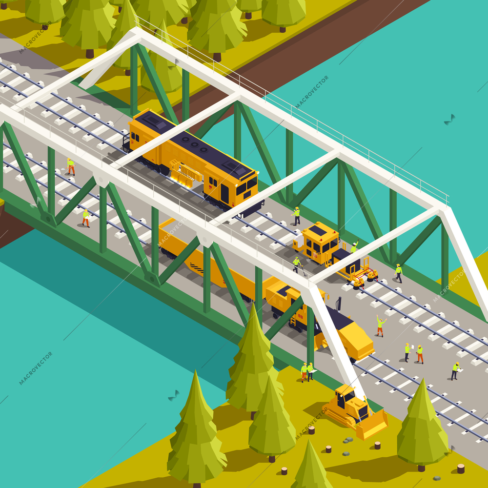 Railroad track laying construction vehicles railway equipment machines isometric composition with outdoor view of train bridge vector illustration