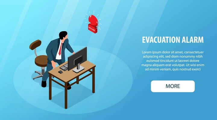 Isometric evacuation horizontal banner with man looking at fire alarm vector illustration