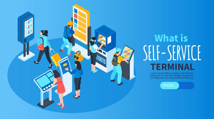 Isometric self service horizontal banner with characters of terminal users editable text and slider more button vector illustration