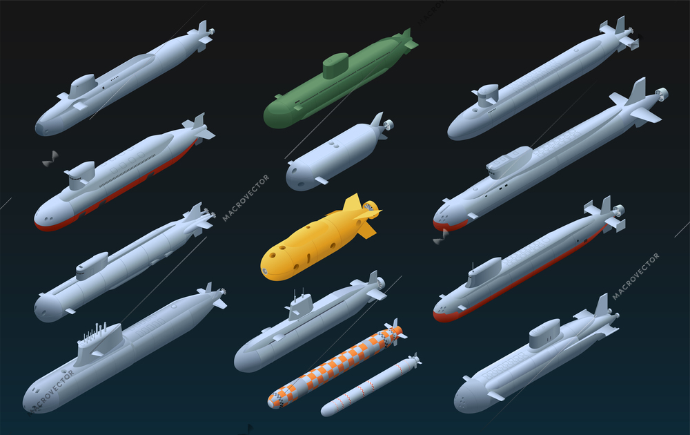 Submarines isometric set with isolated images of undersea units with rockets and bathyscaphes on solid background vector illustration