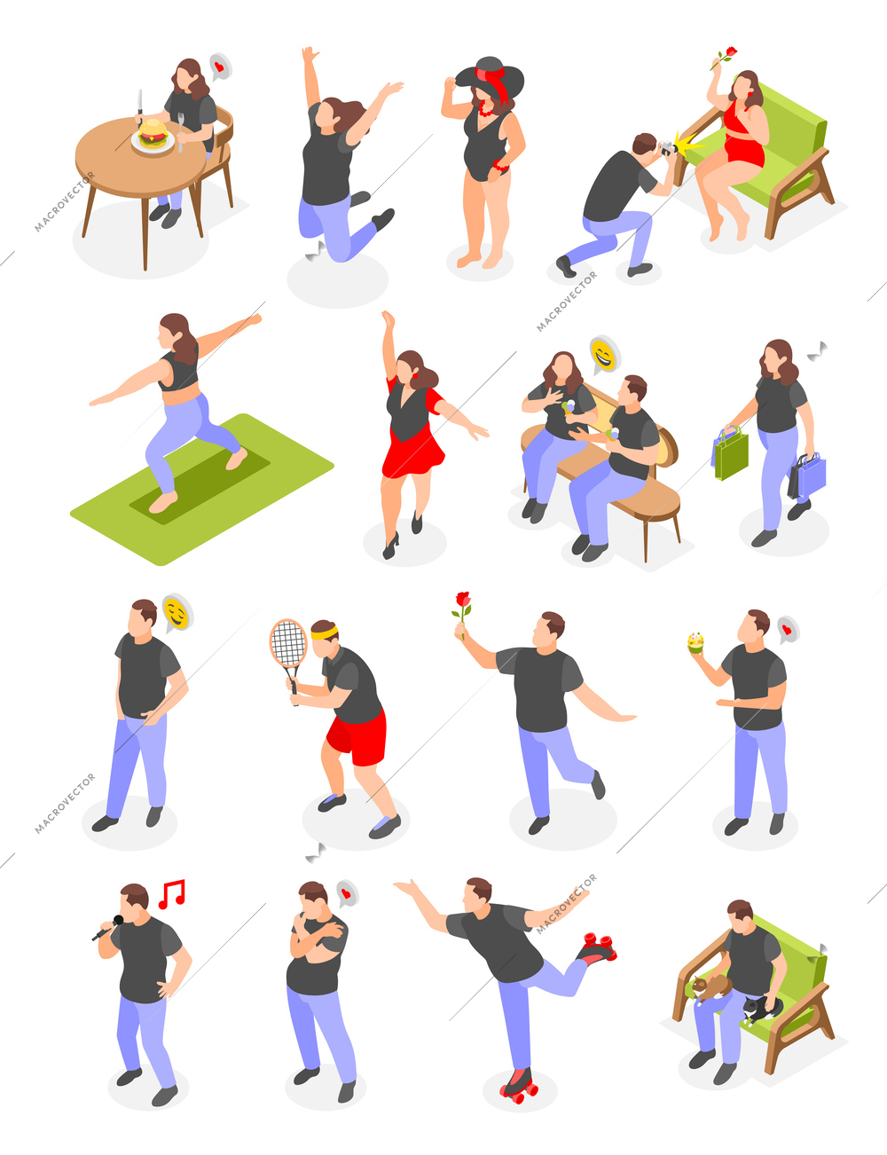 Happy confident overweight people enjoying life doing sport dancing walking isometric set isolated vector illustration