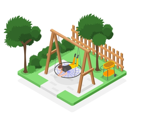 Man relaxing on swing nest in backyard isometric composition 3d vector illustration