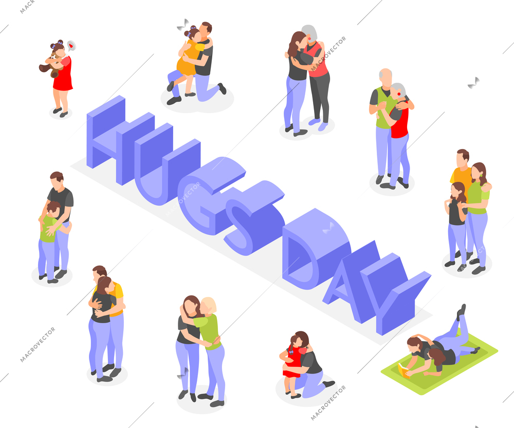 Hugs day isometric composition on white background with people hugging each other vector illustration