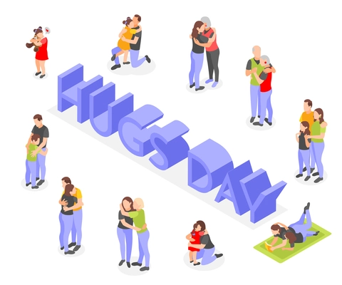 Hugs day isometric composition on white background with people hugging each other vector illustration