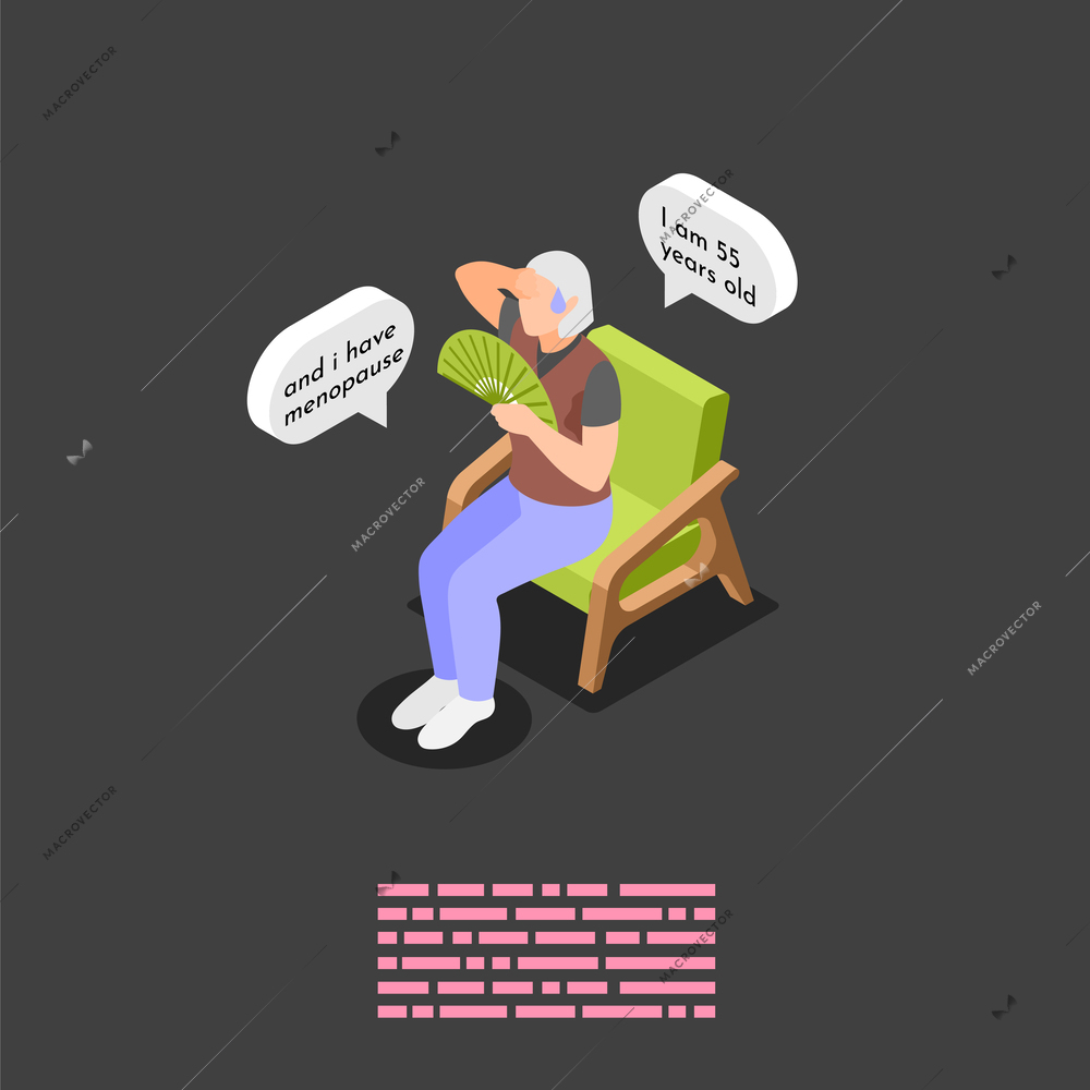 Menopause symptoms background with woman suffering from hot flush 3d isometric vector illustration