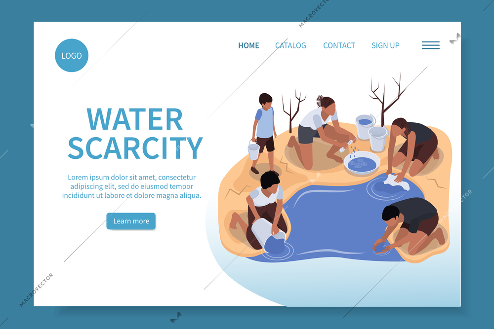 Water scarcity isometric web site illustrated by scene with poverty women washing clothes in puddle or river vector illustration