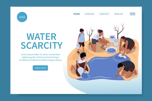 Water scarcity isometric web site illustrated by scene with poverty women washing clothes in puddle or river vector illustration