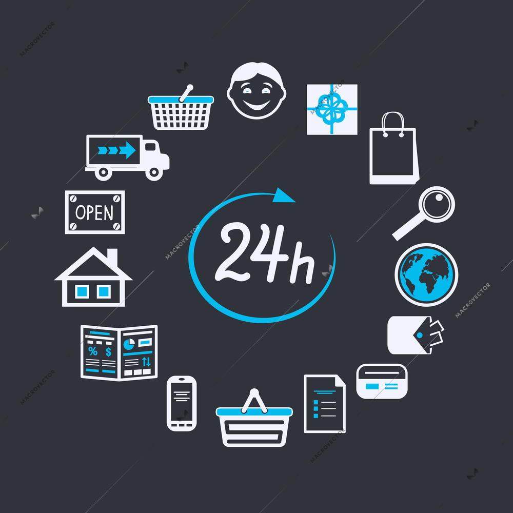 Internet website store open 24 hours for online shopping and customer service concept isolated vector illustration