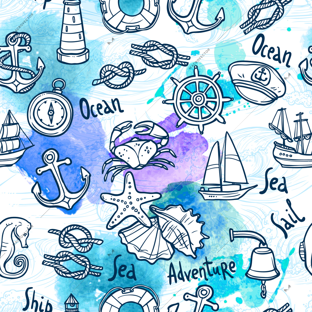 Nautical equipment and sail ship vacation sketch seamless pattern vector illustration