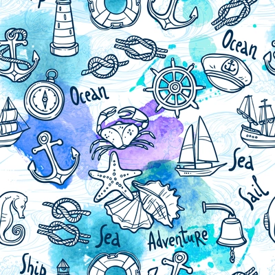 Nautical equipment and sail ship vacation sketch seamless pattern vector illustration