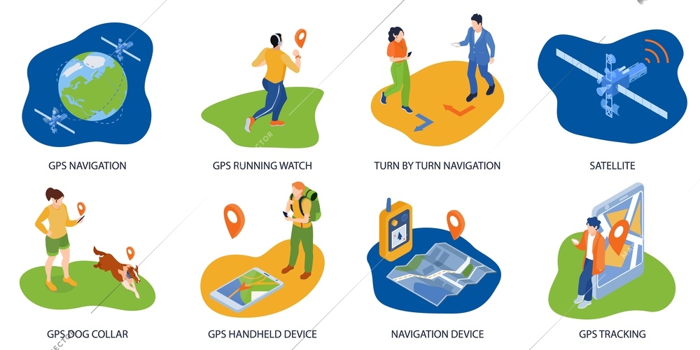 Set with eight isometric gps navigation compositions of text captions and people with maps location signs vector illustration