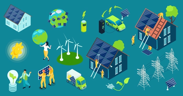 Isolated solar green clean energy sources set of isometric icons with conceptual images of power alternatives vector illustration